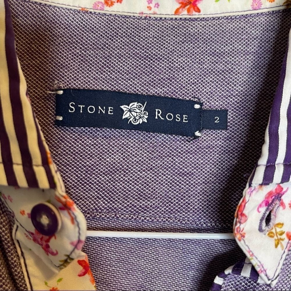 Stone Rose Mens Purple Heathered Polo Shirt Floral Striped Trim Size 2 M BB-003 - Picture 3 of 5